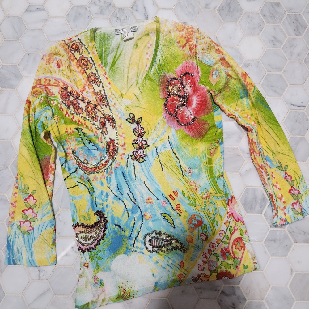 Alberto Makali Yellow and Pink Graphic Blouse Size M